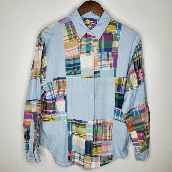 Cricket By The Creek Womens Blue Plaid Patch Button Front Blouse Size L Boho - Picture 1 of 8